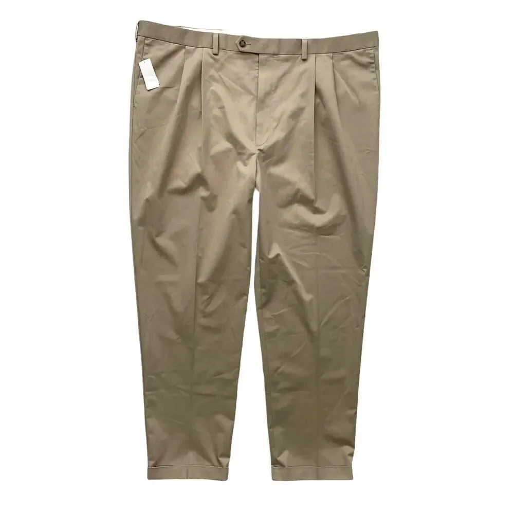 Roundtree Yorke Travel Smart Khaki Classic Fit Pleated Cuffed Pants 36 x 36